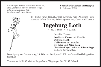 Traueranzeige von Ingeburg Loth von Gmünder Tagespost