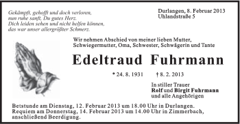 Traueranzeige von Edeltraud Fuhrmann von Gmünder Tagespost
