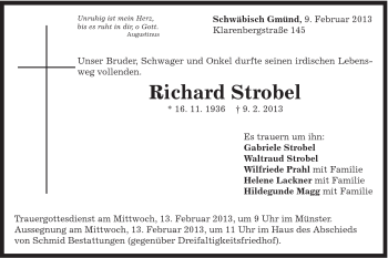 Traueranzeige von Richard Strobel von Gmünder Tagespost