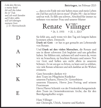 Traueranzeige von Renate Villinger von Gmünder Tagespost