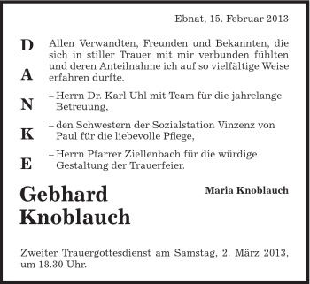 Traueranzeige von Gebhard Knoblauch von Schwäbische Post