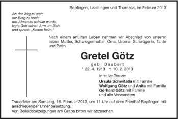 Traueranzeige von Gretel Götz von Schwäbische Post