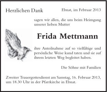 Traueranzeige von Frida Mettmann von Schwäbische Post