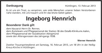 Traueranzeige von Ingeborg Hennrich von Schwäbische Post
