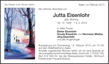 Traueranzeige von Jutta Eisenlohr von Schwäbische Post