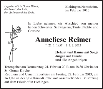 Traueranzeige von Anneliese Reimer von Schwäbische Post