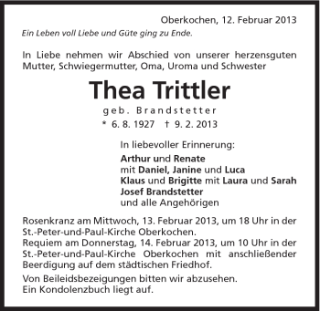 Traueranzeige von Thea Trittler von Schwäbische Post