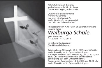 Traueranzeige von Walburga Schüle von Gmünder Tagespost