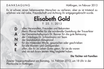 Traueranzeige von Elisabetrh Gold von Schwäbische Post