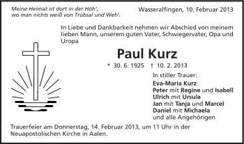 Traueranzeige von Paul Kurz von Schwäbische Post