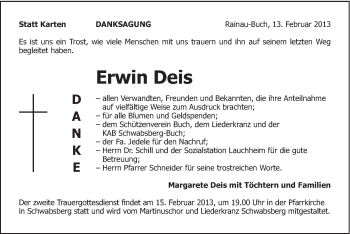 Traueranzeige von Erwin Deis von Schwäbische Post