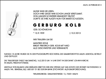 Traueranzeige von Gerburg Kolb von Schwäbische Post