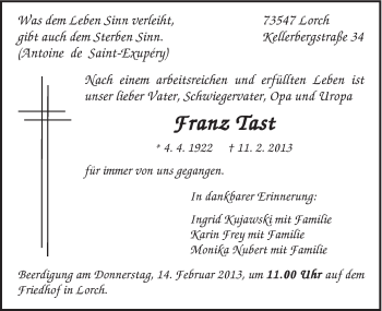 Traueranzeige von Franz Tast von Gmünder Tagespost