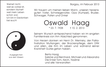 Traueranzeige von Oswald Haag von Gmünder Tagespost