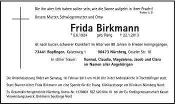 Traueranzeige von Frida Birkmann von Schwäbische Post