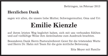 Traueranzeige von Emilie Kienzle von Gmünder Tagespost