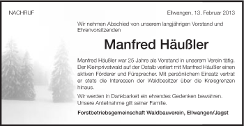 Traueranzeige von Manfred Häußler von Schwäbische Post