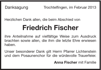 Traueranzeige von Friedrich Fischer von Schwäbische Post