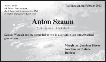Traueranzeige von Anton Szaum von Schwäbische Post