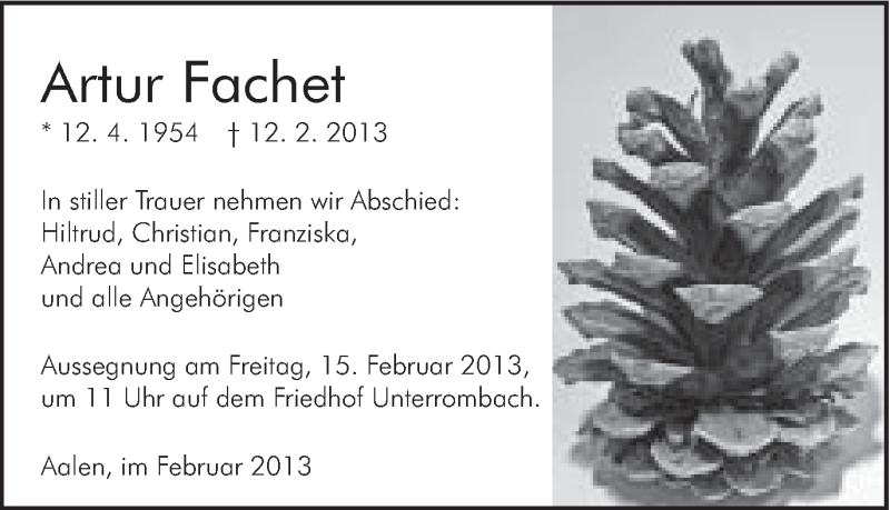  Traueranzeige für Artur Fachet vom 13.02.2013 aus Schwäbische Post