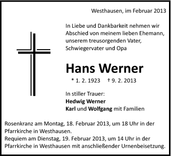 Traueranzeige von Hans Werner von Schwäbische Post