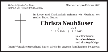 Traueranzeige von Christa Neuhäuser von Schwäbische Post