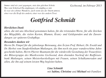 Traueranzeige von Gottfried Schmidt von Gmünder Tagespost