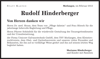 Traueranzeige von Rudolf Hinderberger von Gmünder Tagespost