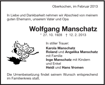 Traueranzeige von Wolfgang Manschatz von Schwäbische Post