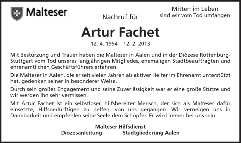  Traueranzeige für Artur Fachet vom 14.02.2013 aus Schwäbische Post
