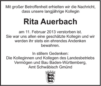 Traueranzeige von Rita Auerbach von Gmünder Tagespost