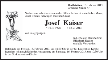 Traueranzeige von Josef Kaiser von Gmünder Tagespost