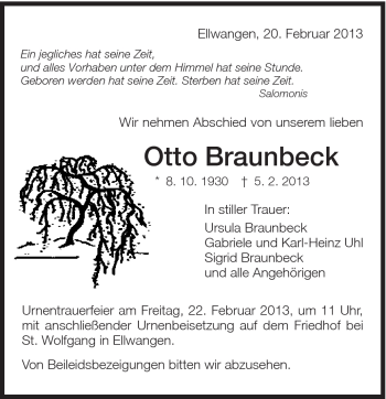 Traueranzeige von Otto Braunbeck von Schwäbische Post