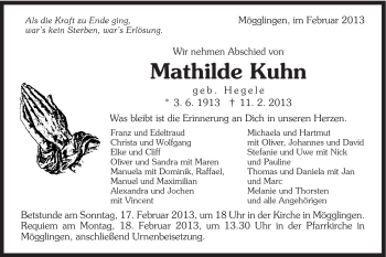 Traueranzeige von Mathilde Kuhn von Gmünder Tagespost