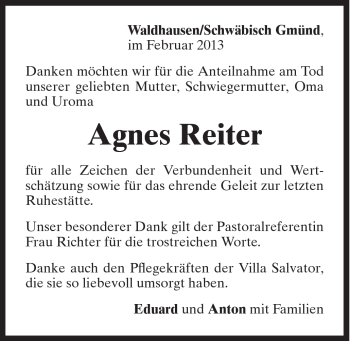 Traueranzeige von Agnes Reiter von Gmünder Tagespost