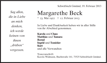 Traueranzeige von Margarethe Beck von Gmünder Tagespost