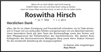 Traueranzeige von Roswitha Hirsch von Gmünder Tagespost