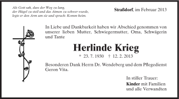 Traueranzeige von Herlinde Krieg von Gmünder Tagespost
