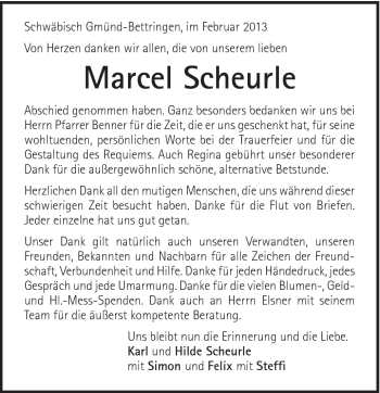 Traueranzeige von Marcel Scheurle von Gmünder Tagespost