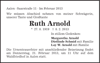 Traueranzeige von Ruth Arnold von Schwäbische Post