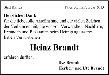 Traueranzeige von Heinz Brandt von Gmünder Tagespost