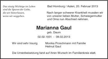 Traueranzeige von Marianne Gaul von Schwäbische Post