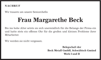 Traueranzeige von Margarete Beck von Gmünder Tagespost