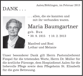 Traueranzeige von Maria Baumgartner von Schwäbische Post