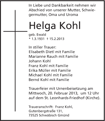 Traueranzeige von Helga Kohl von Gmünder Tagespost