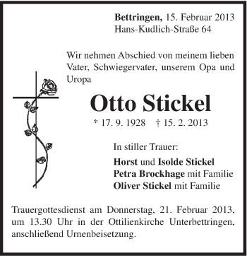 Traueranzeige von Otto Stickel von Gmünder Tagespost