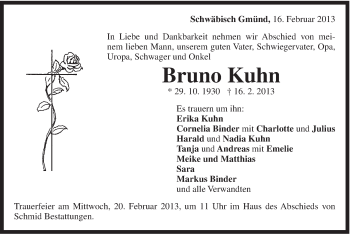 Traueranzeige von Bruno Kuhn von Gmünder Tagespost
