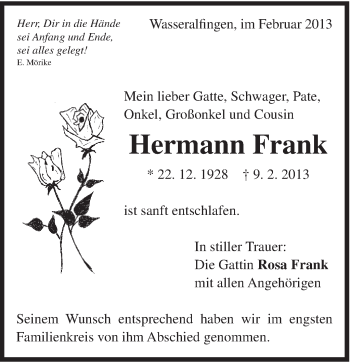 Traueranzeige von Hermann Frank von Schwäbische Post
