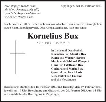Traueranzeige von Kornelius Bux von Schwäbische Post