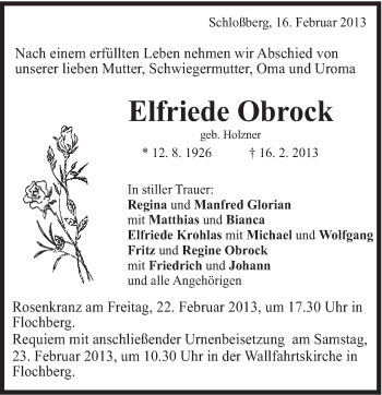 Traueranzeige von Elfriede Obrock von Schwäbische Post